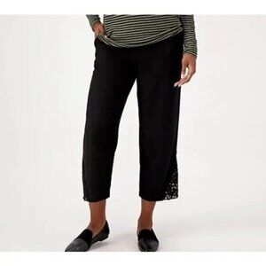 Susan Graver Pure Regular Linen Blend Crop Pants w/Lace Inset Women XS Black NEW